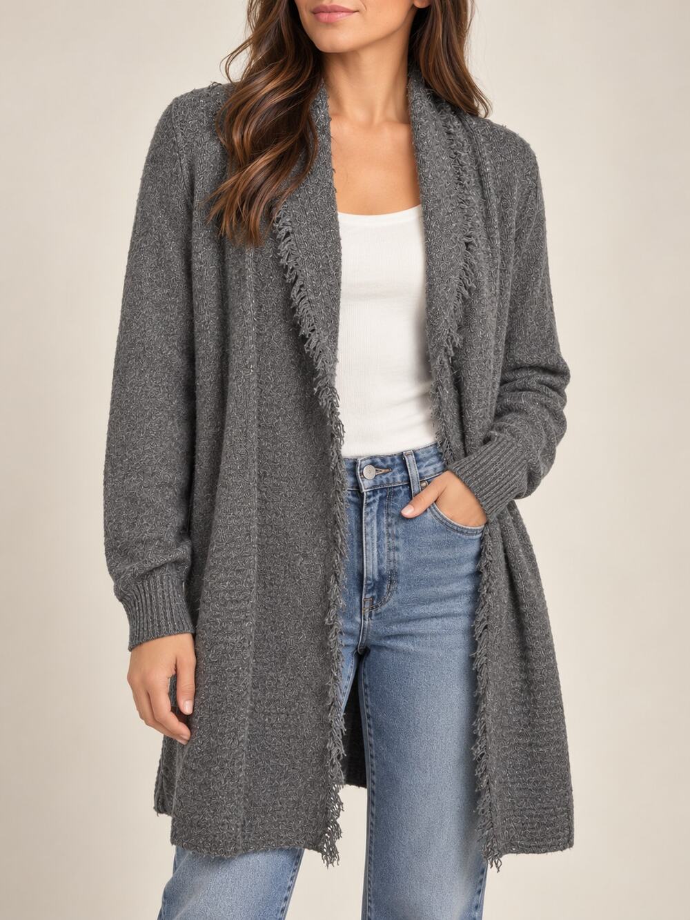 Jamison Womens Cardigan XL Charcoal Shawl Fringe Open Longline Oversized Cozy